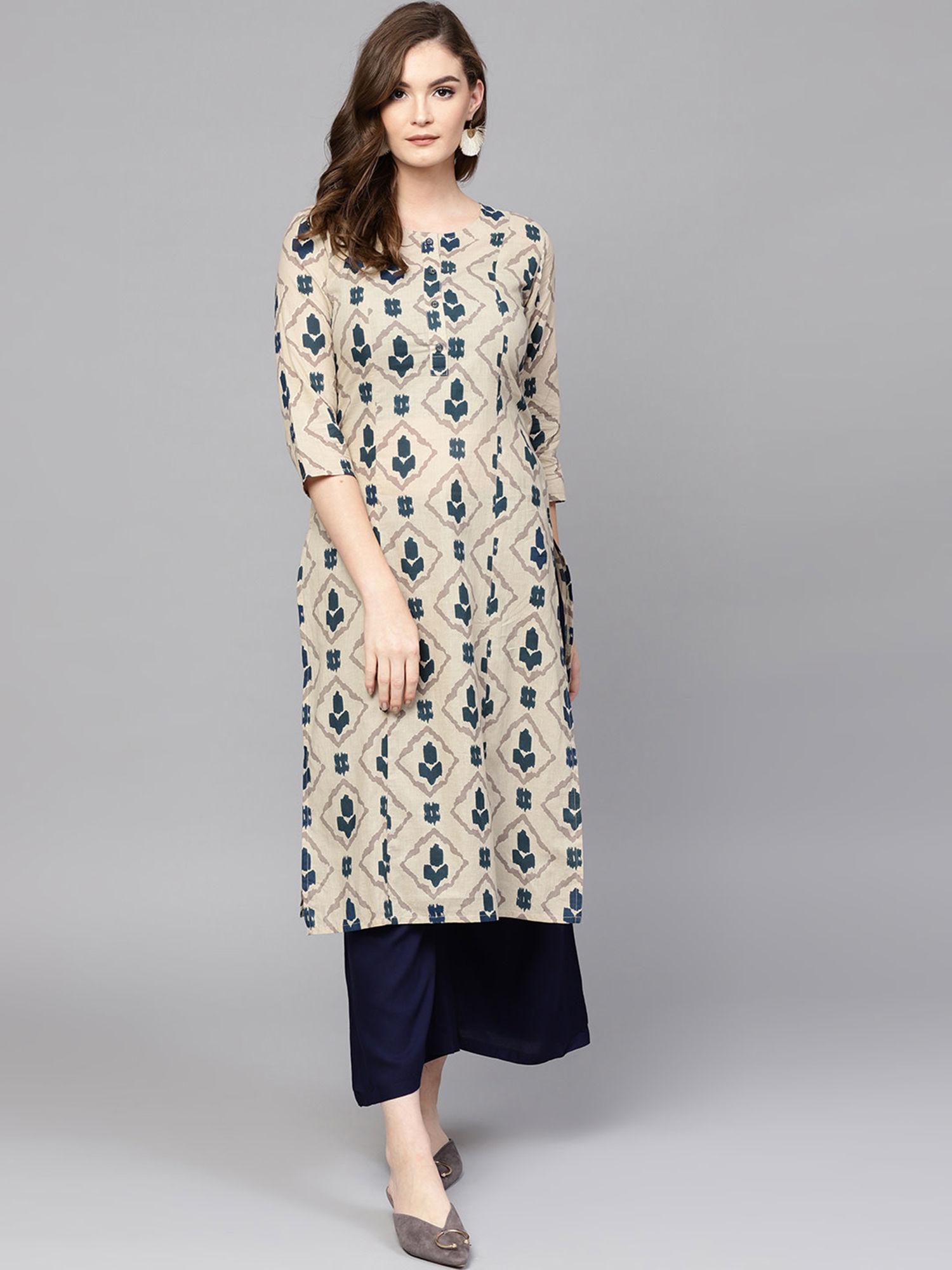 beige printed kurta with palazzos (set of 2)