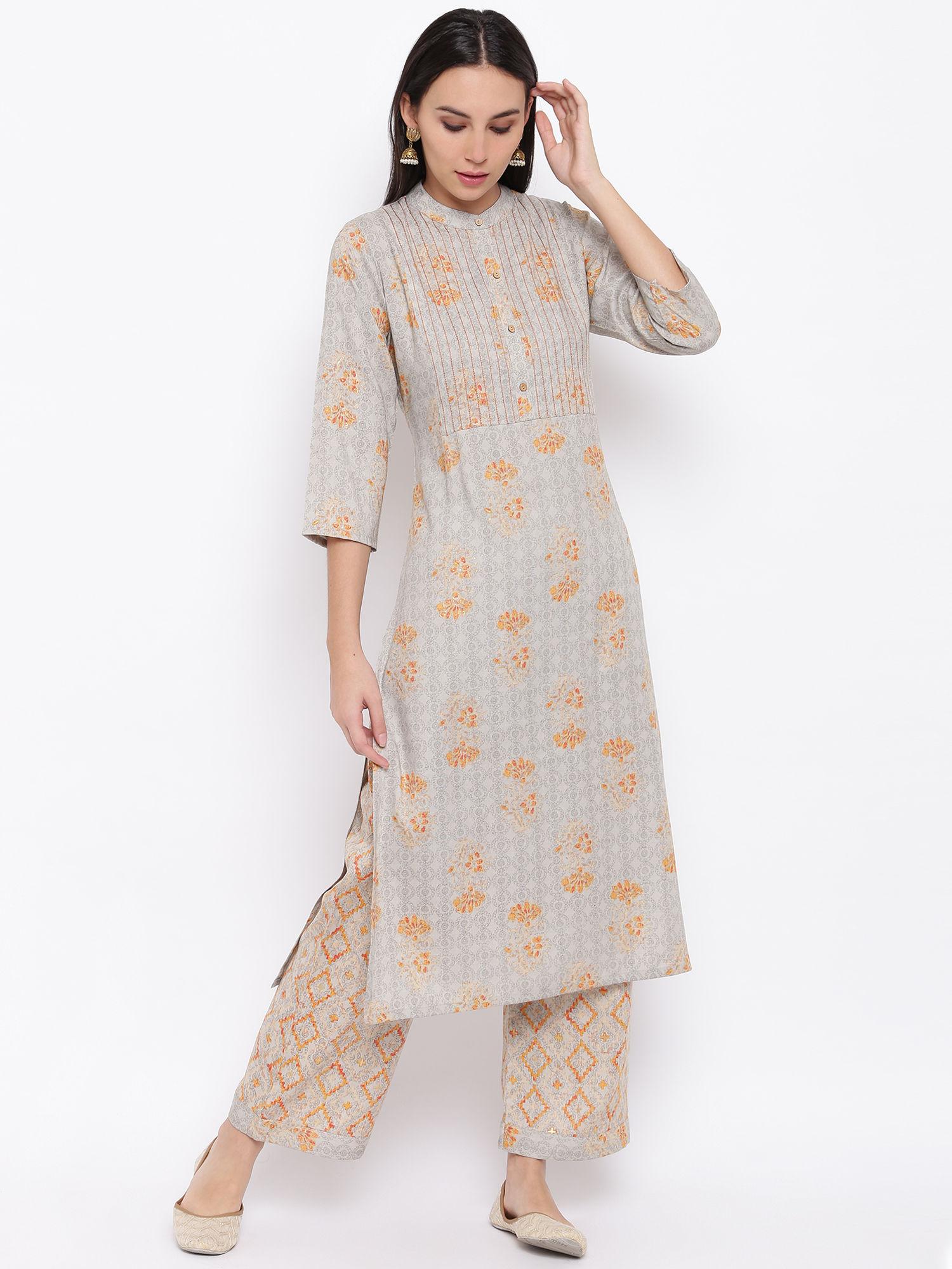 beige printed kurta with pant (set of 2)