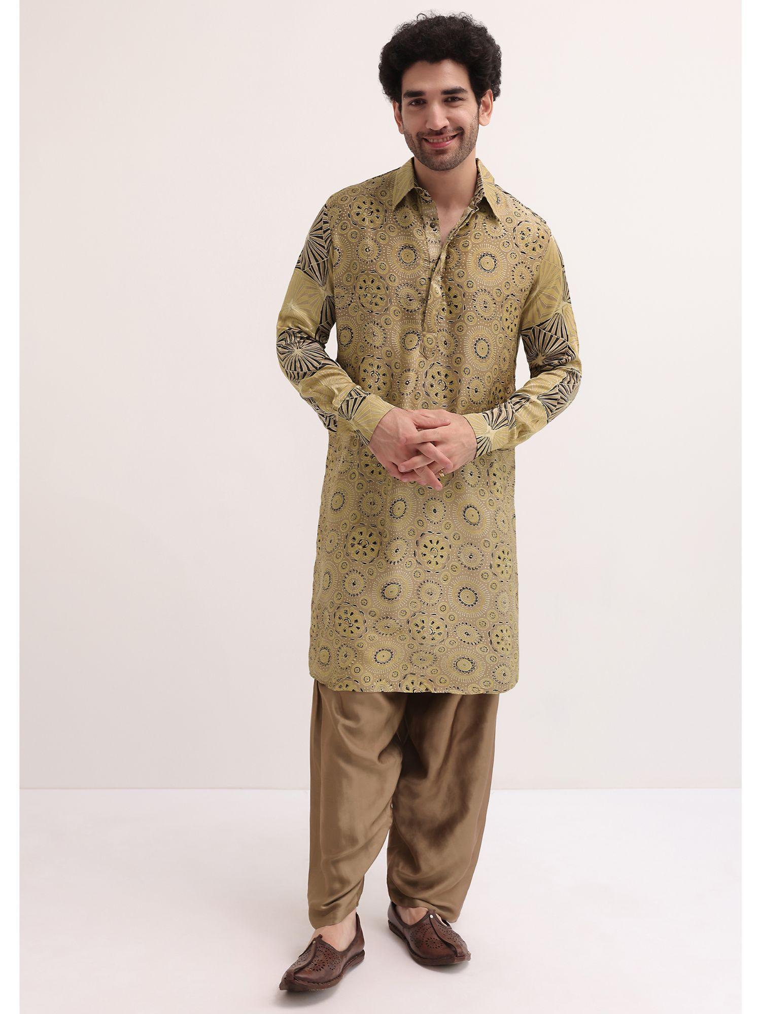 beige printed kurta with patiala salwar for men (set of 2)