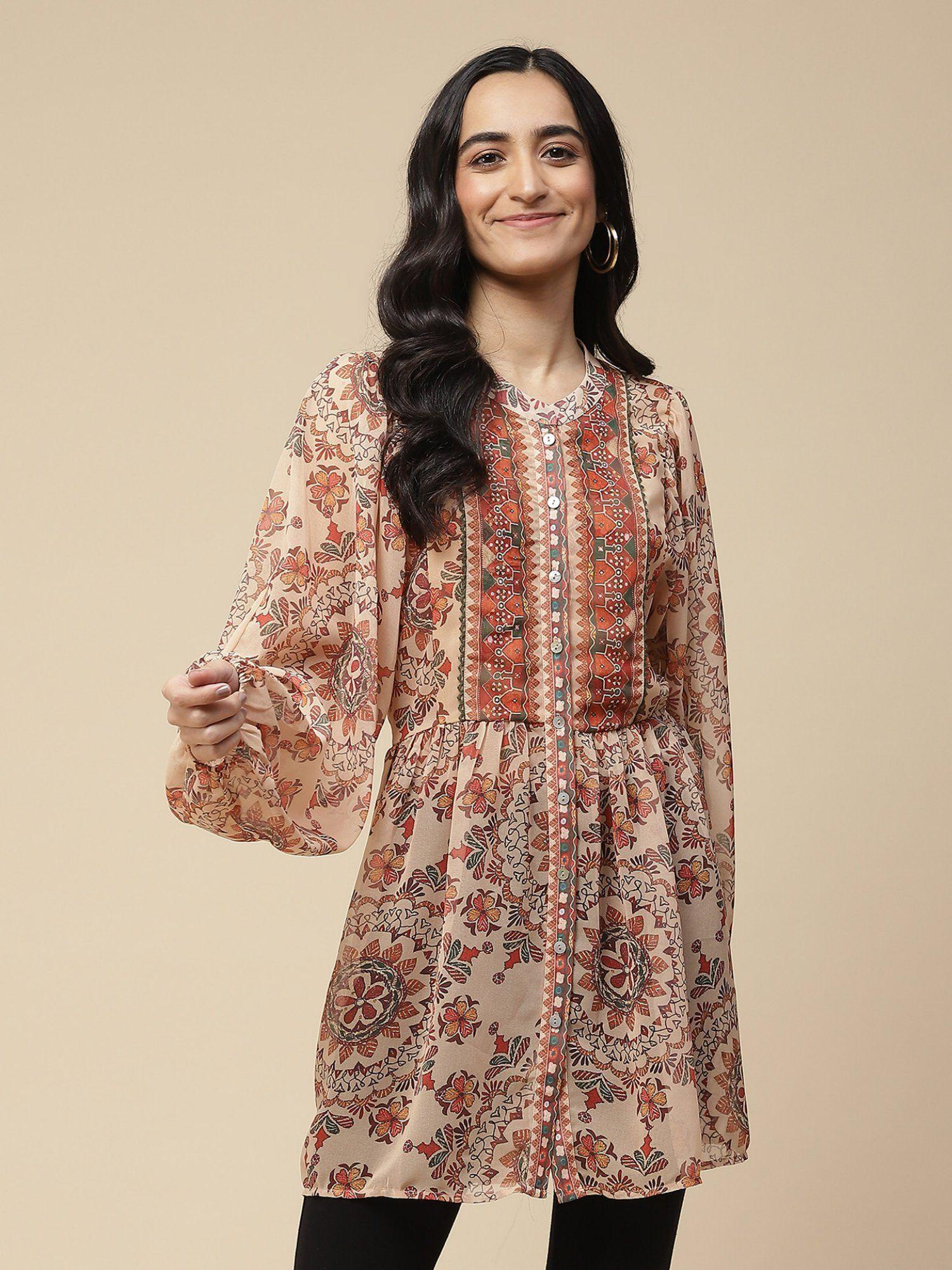 beige printed kurti with camisole (set of 2)