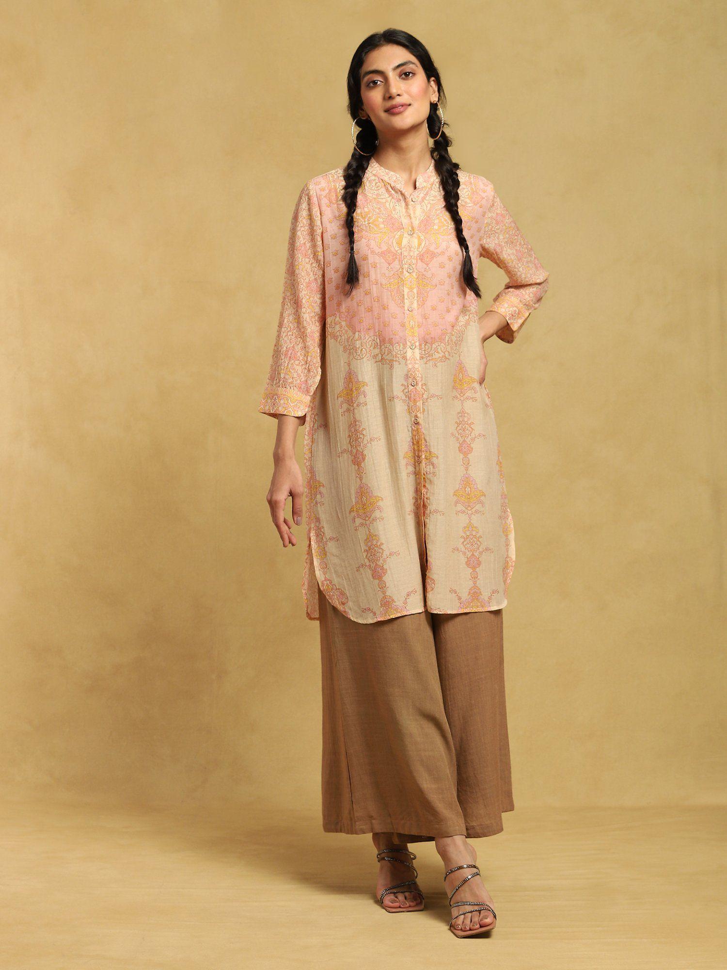 beige printed long straight shirt