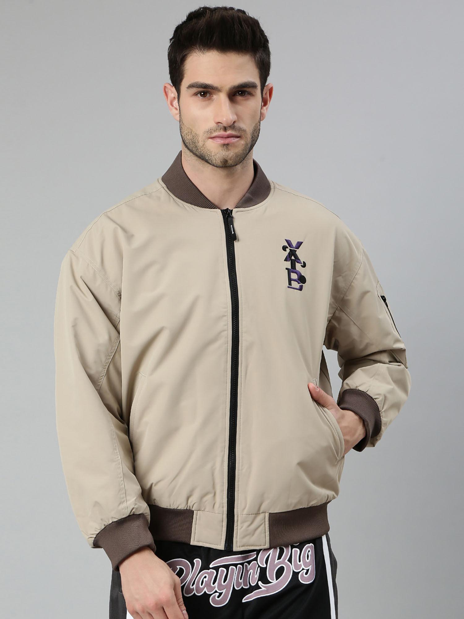 beige printed loose fit zipper basketball jacket