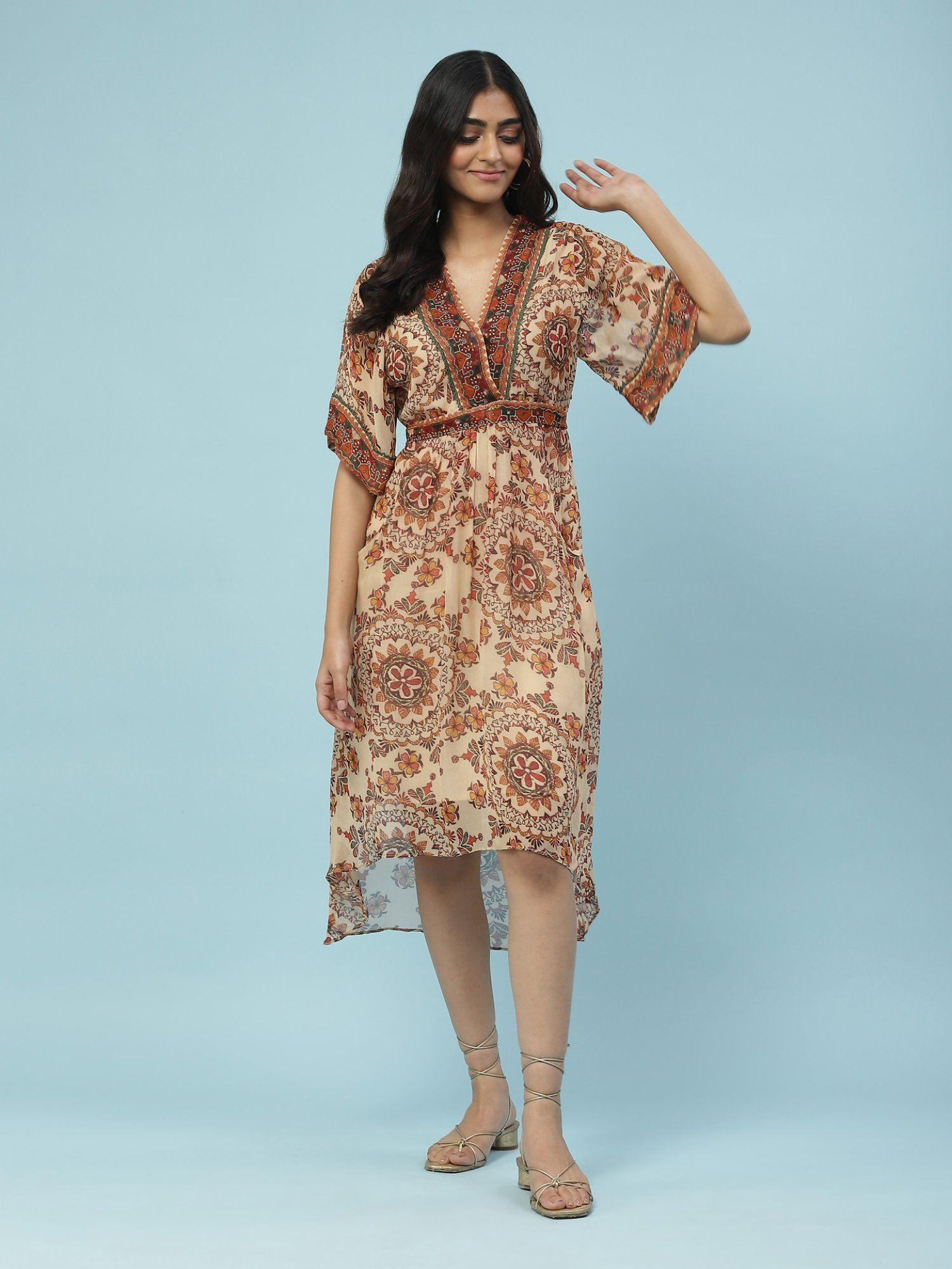 beige printed midi dress