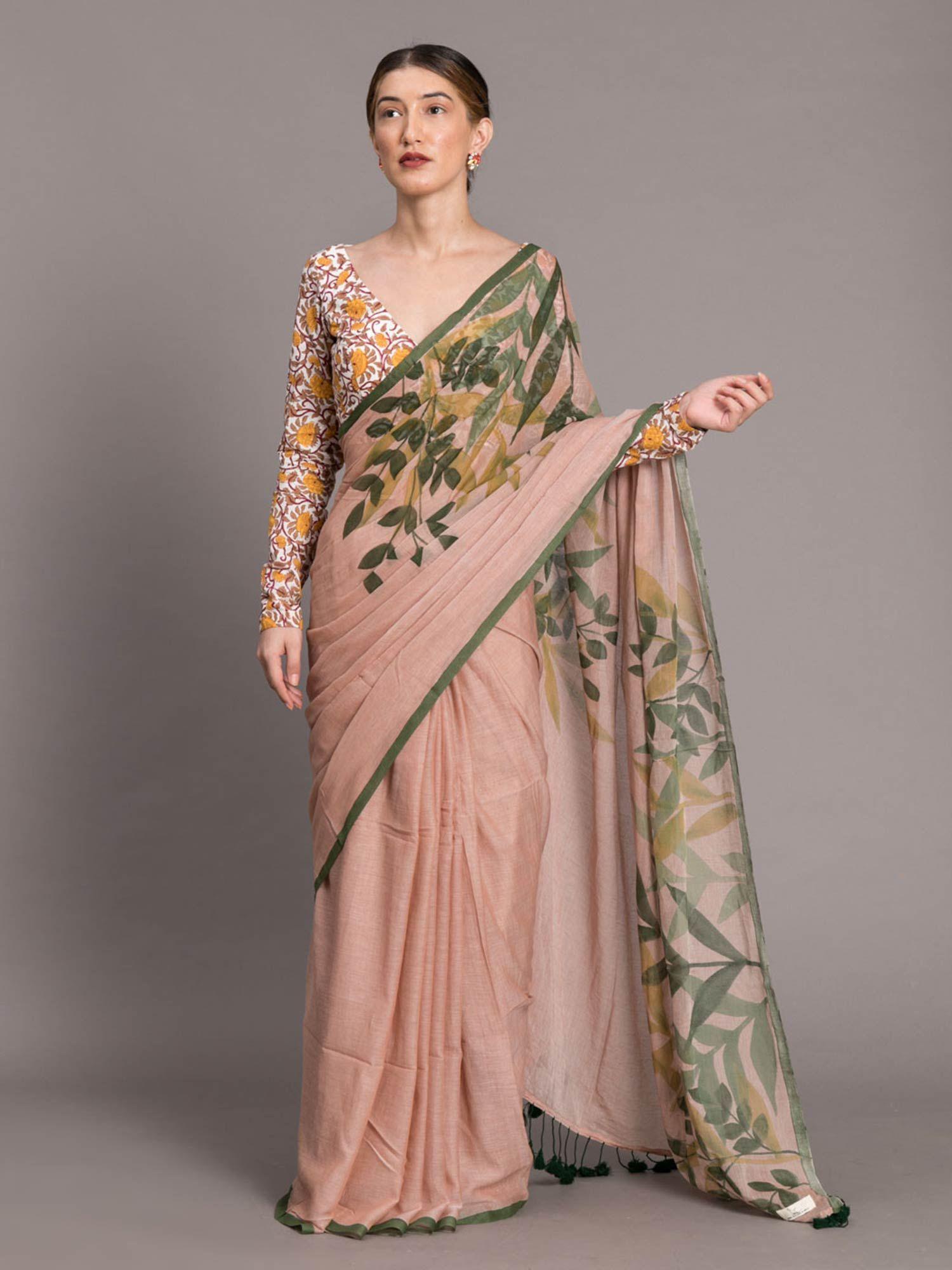 beige printed pure cotton saree with tasseled pallu and without blouse