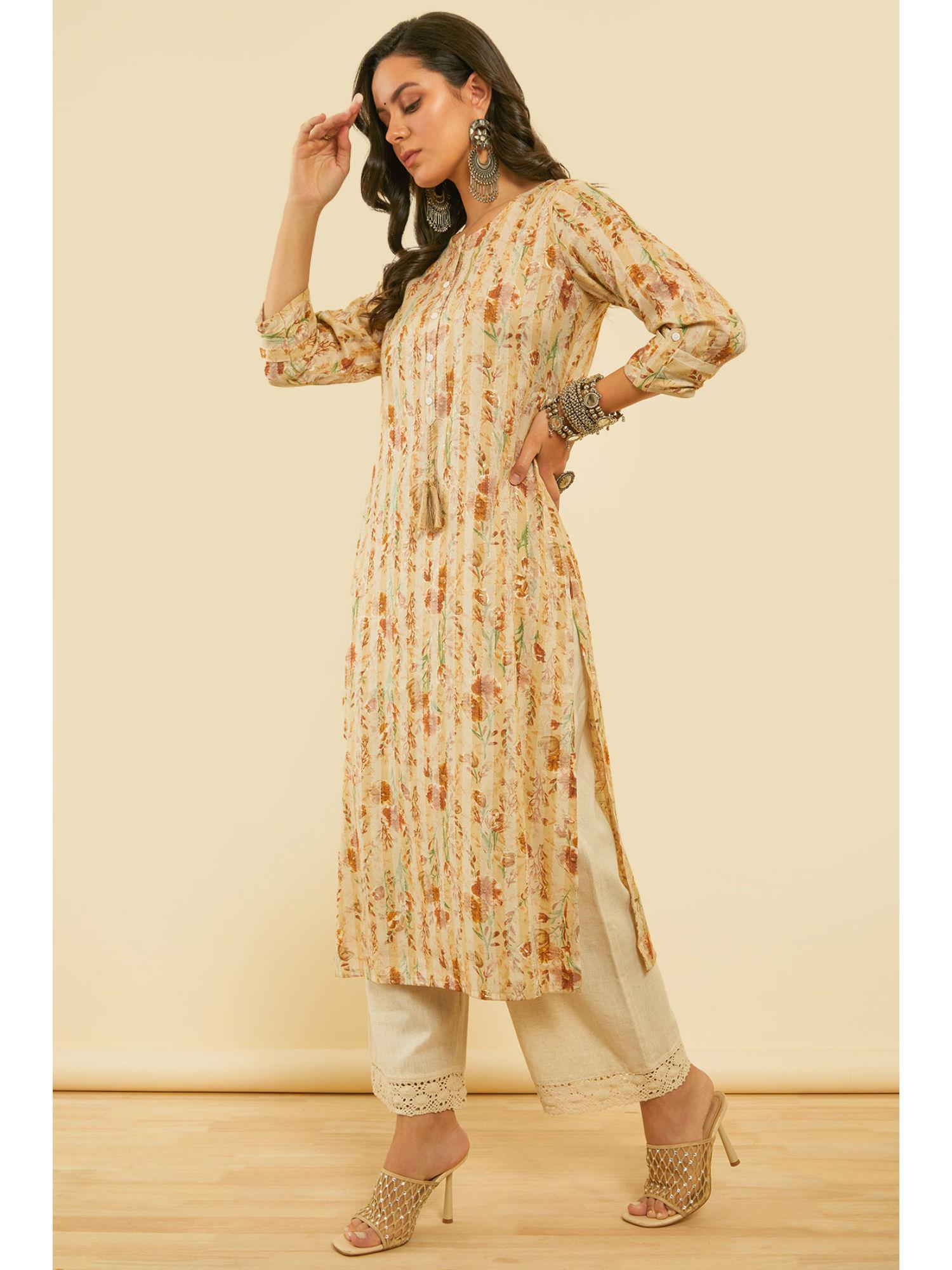 beige printed rayon kantha weave floral printed kurta