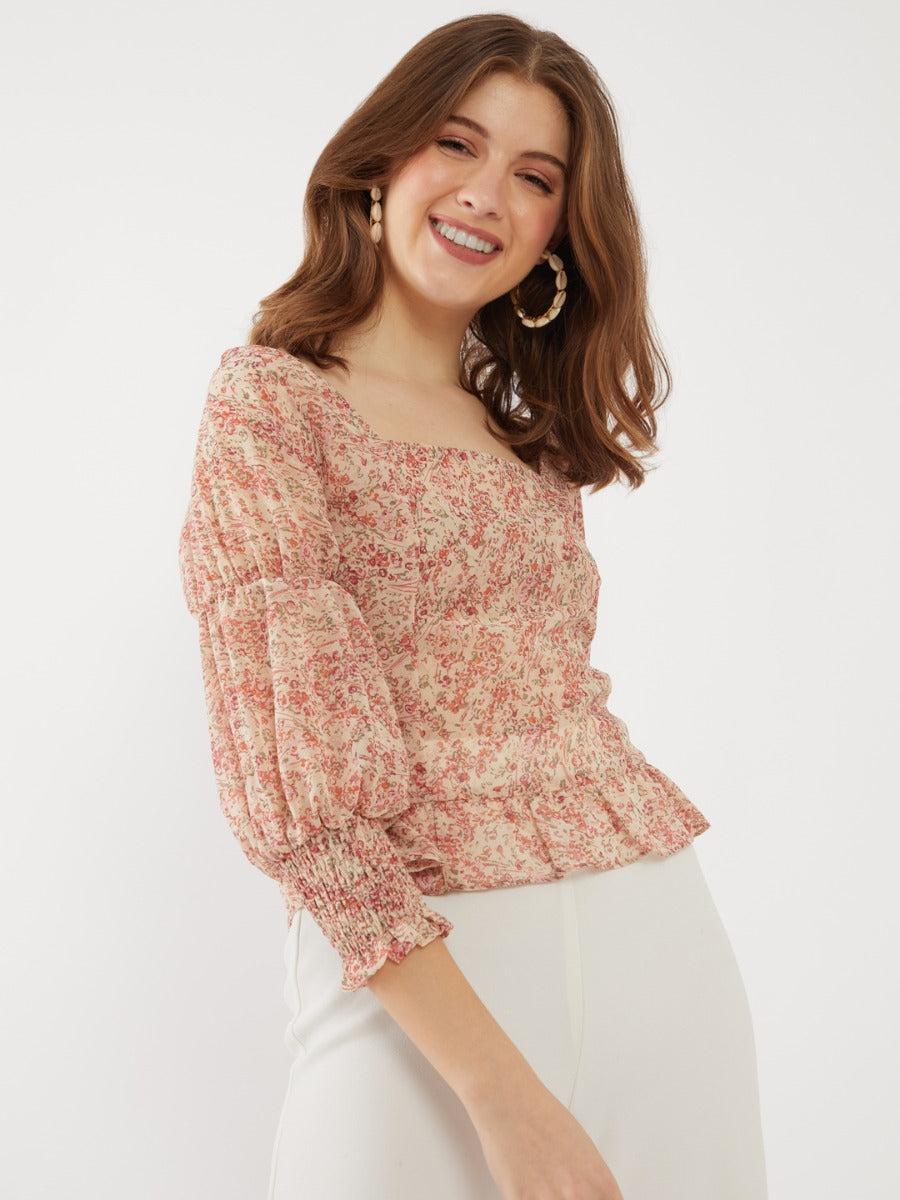 beige printed ruffled top for women