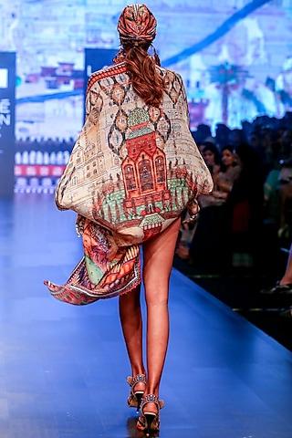 beige printed satin cover up cape