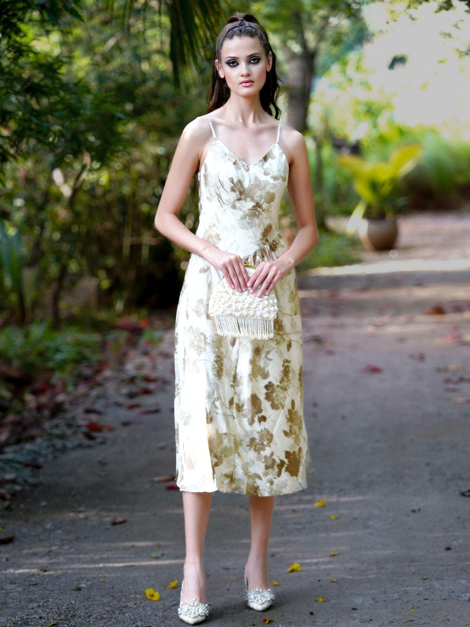 beige printed satin dress