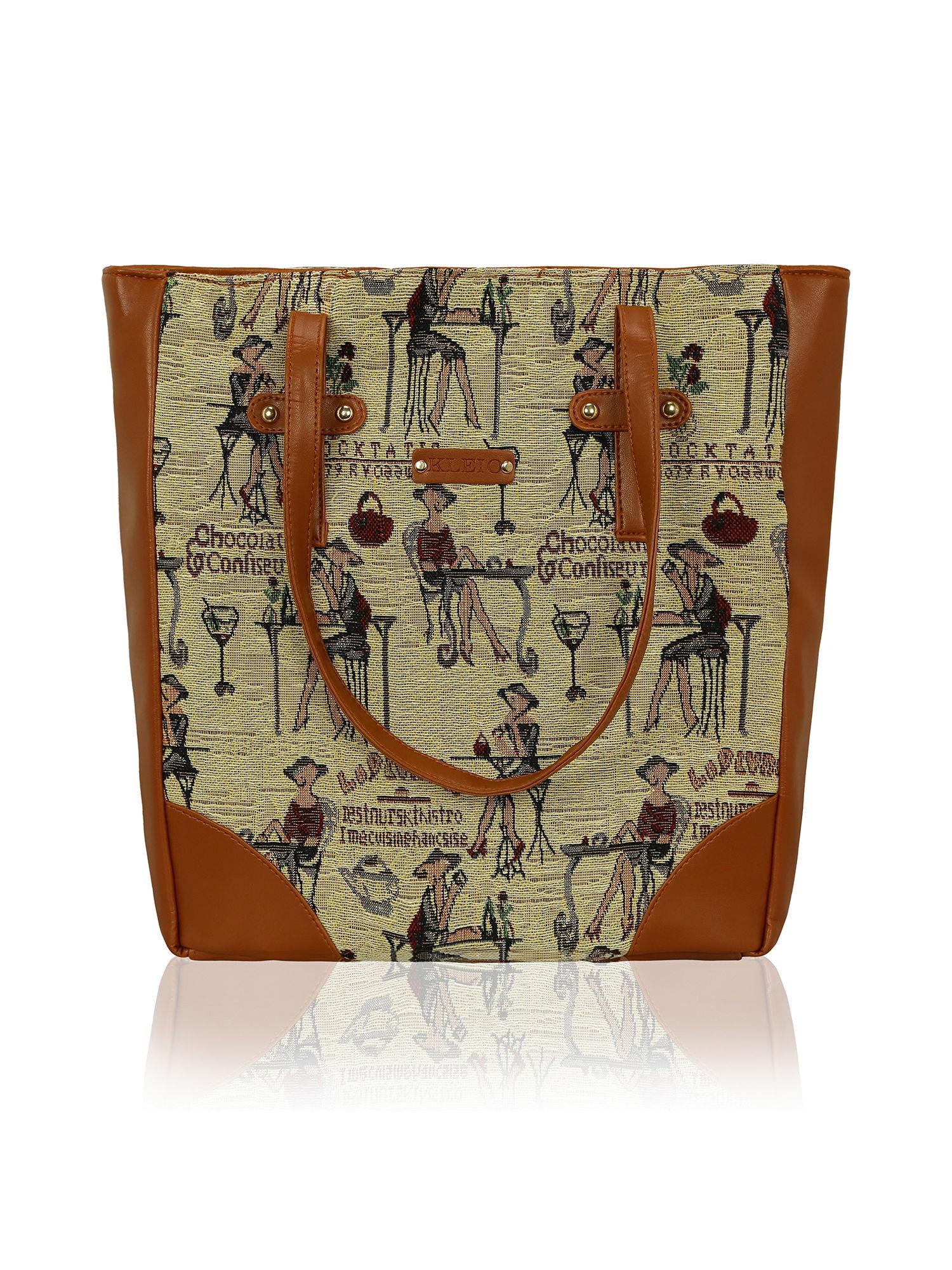 beige printed tote bag