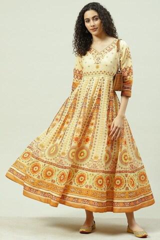 beige printed v neck ethnic ankle-length 3/4th sleeves women flared fit dress