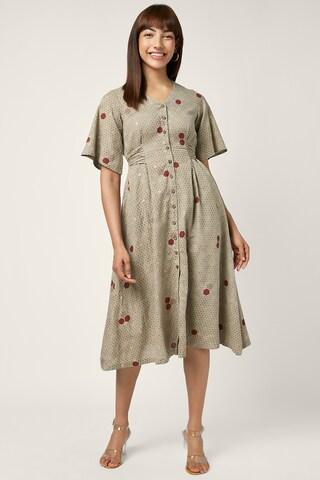 beige printeded v neck casual calf-length elbow sleeves women relaxed fit dress