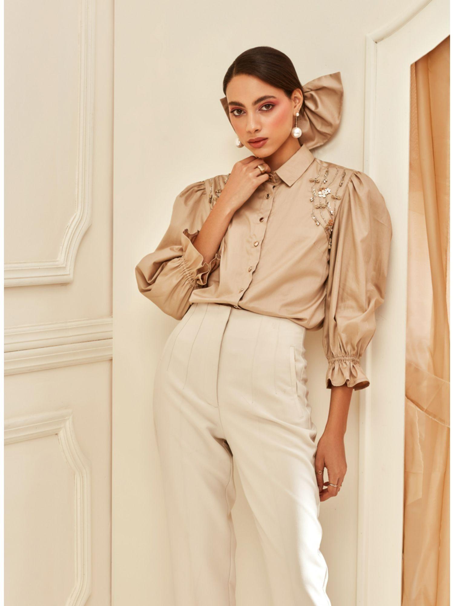 beige puff sleeve embellished shirt