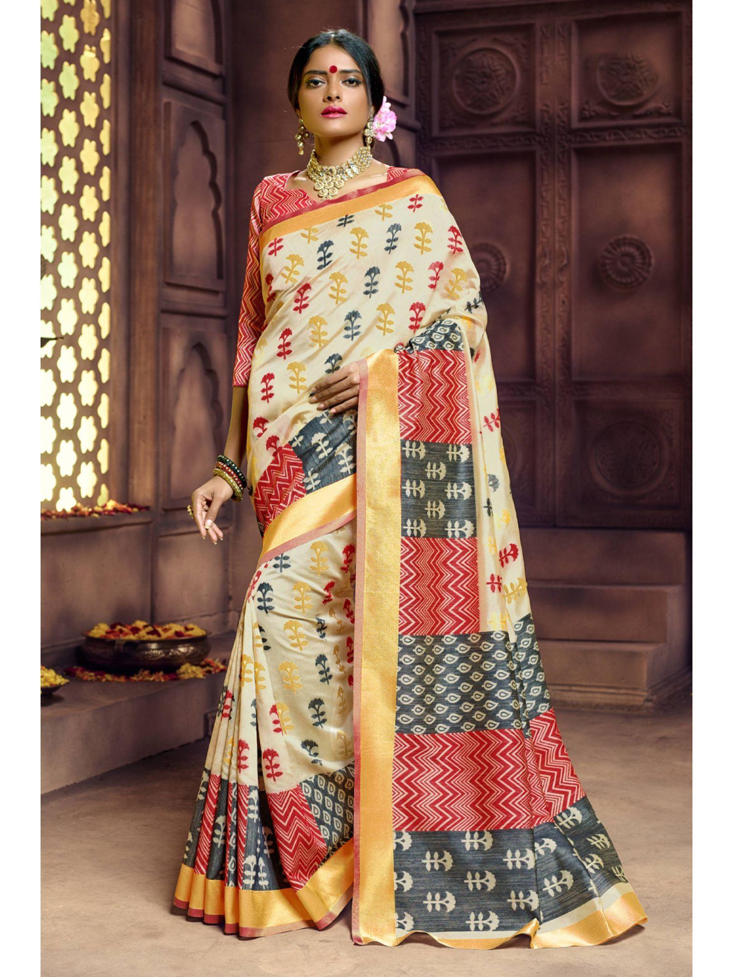 beige pure banarasi silk jacquard work traditional saree with unstitched blouse