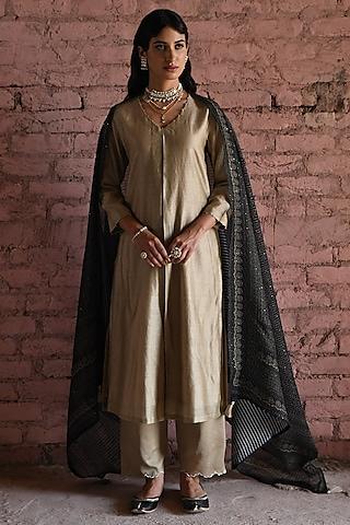 beige pure chanderi embellished a-line kurta set