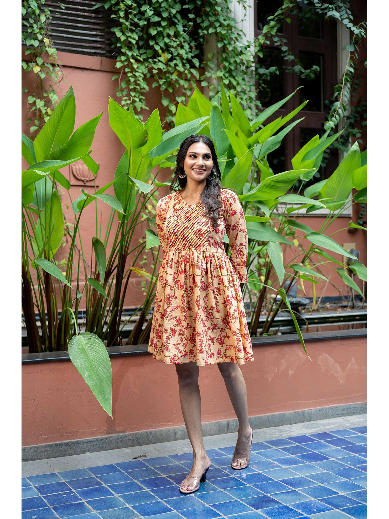 beige pure cotton block printed dress