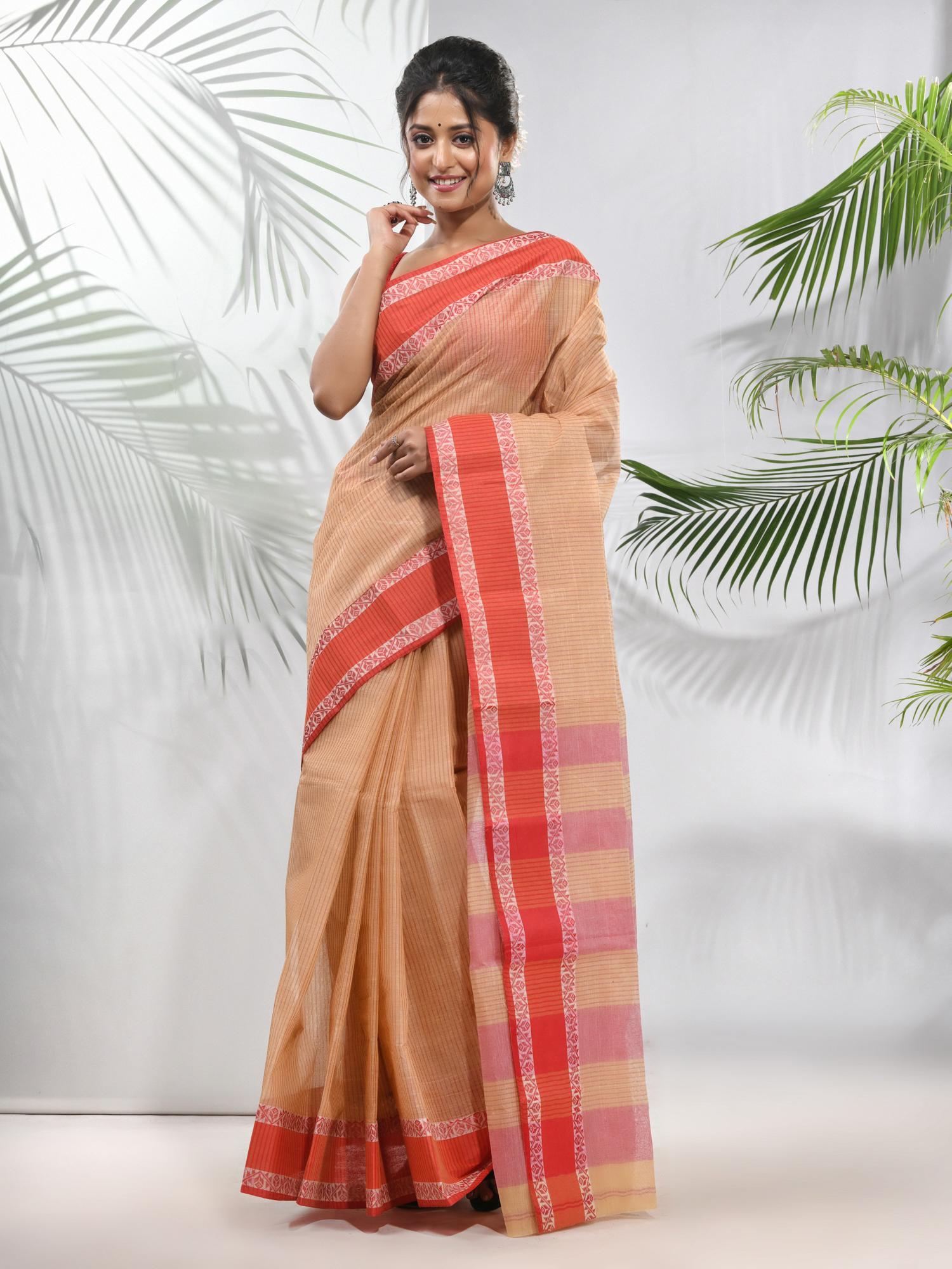 beige pure cotton tant woven designs saree without blouse