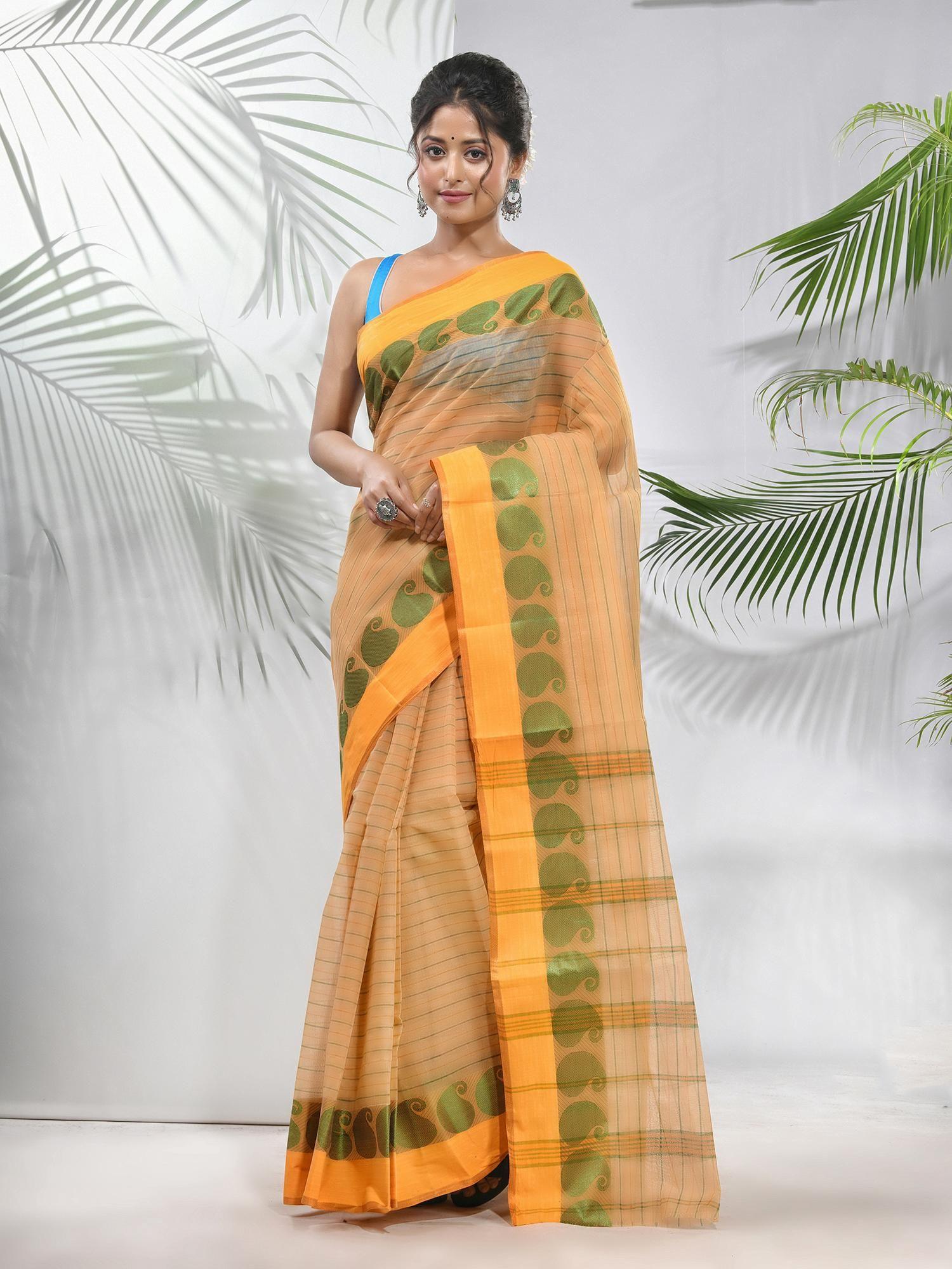 beige pure cotton tant woven designs saree without blouse