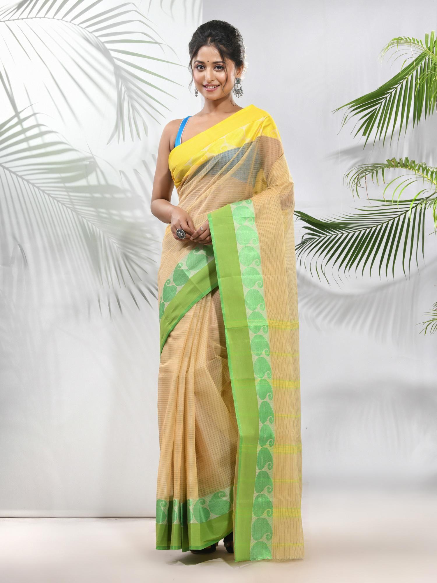 beige pure cotton tant woven designs saree without blouse