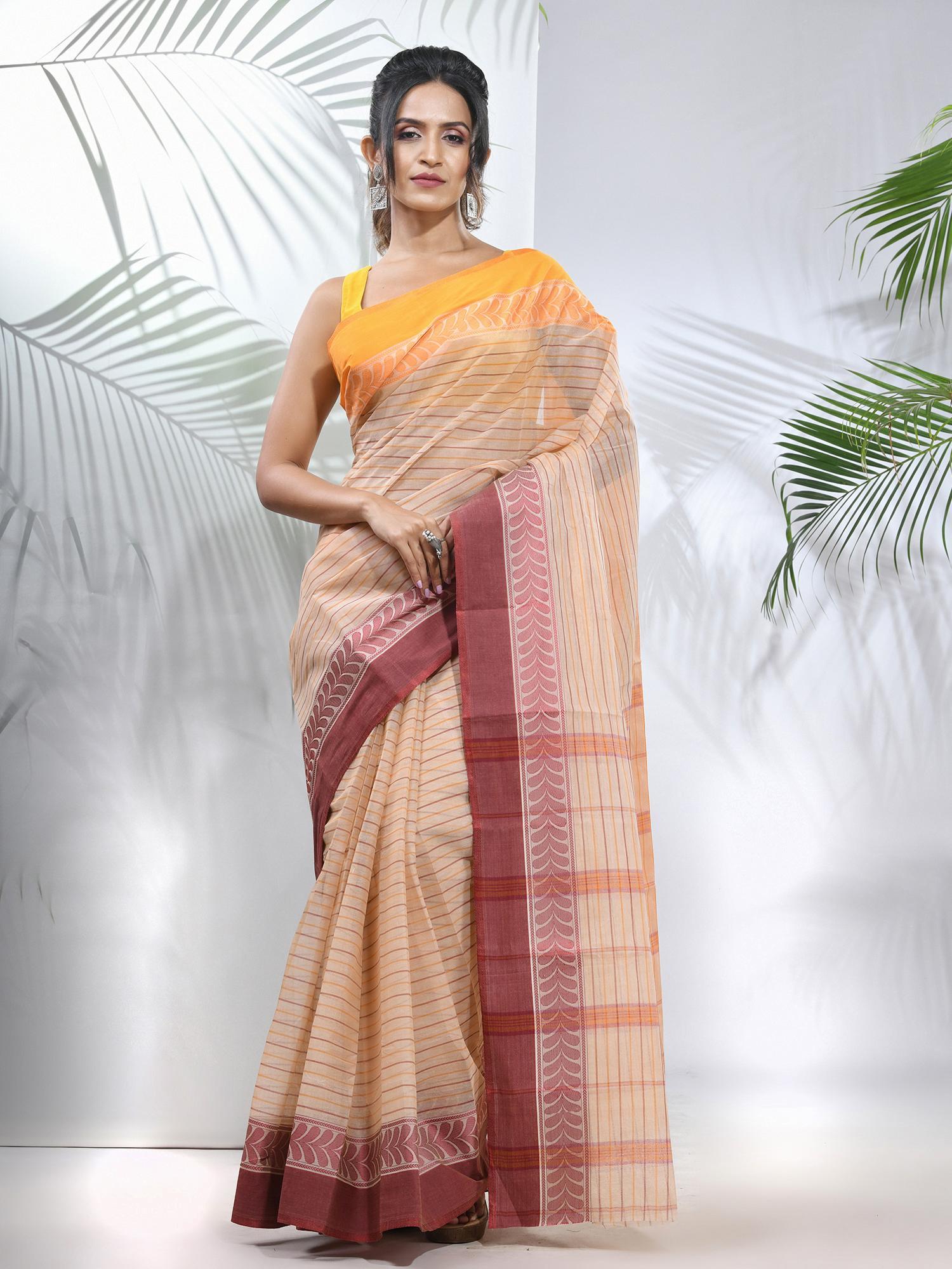 beige pure cotton tant woven designs saree without blouse