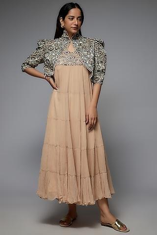 beige pure georgette & crepe embellished jacket dress