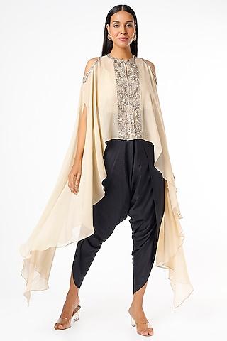 beige pure georgette embroidered cape set