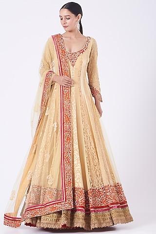 beige pure georgette embroidered gown with dupatta