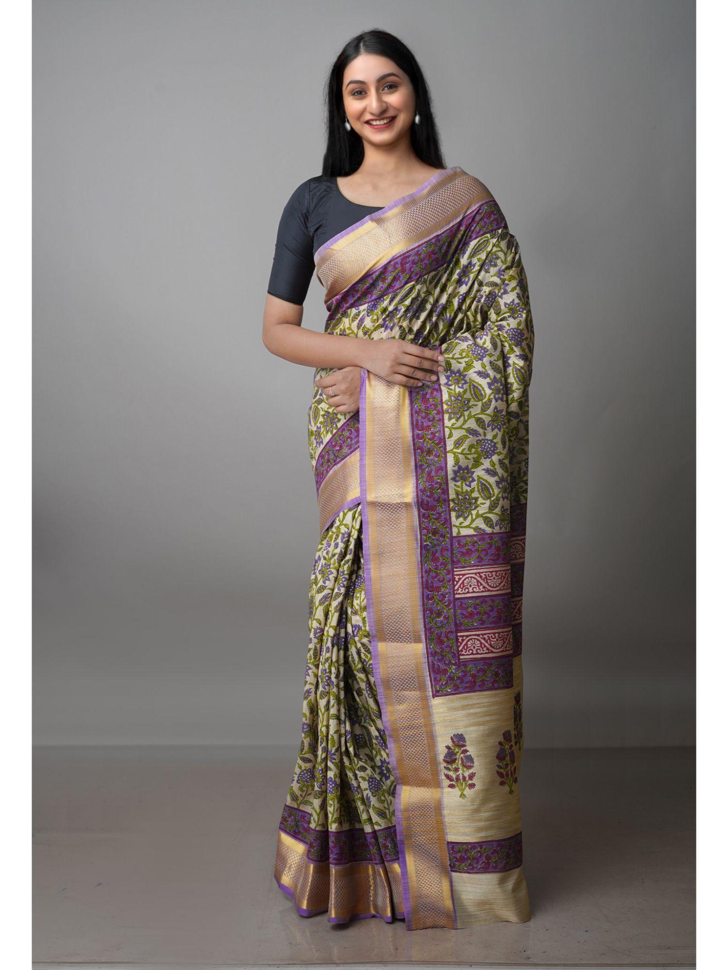 beige pure handloom bengal tusshar silk saree with unstitched blouse