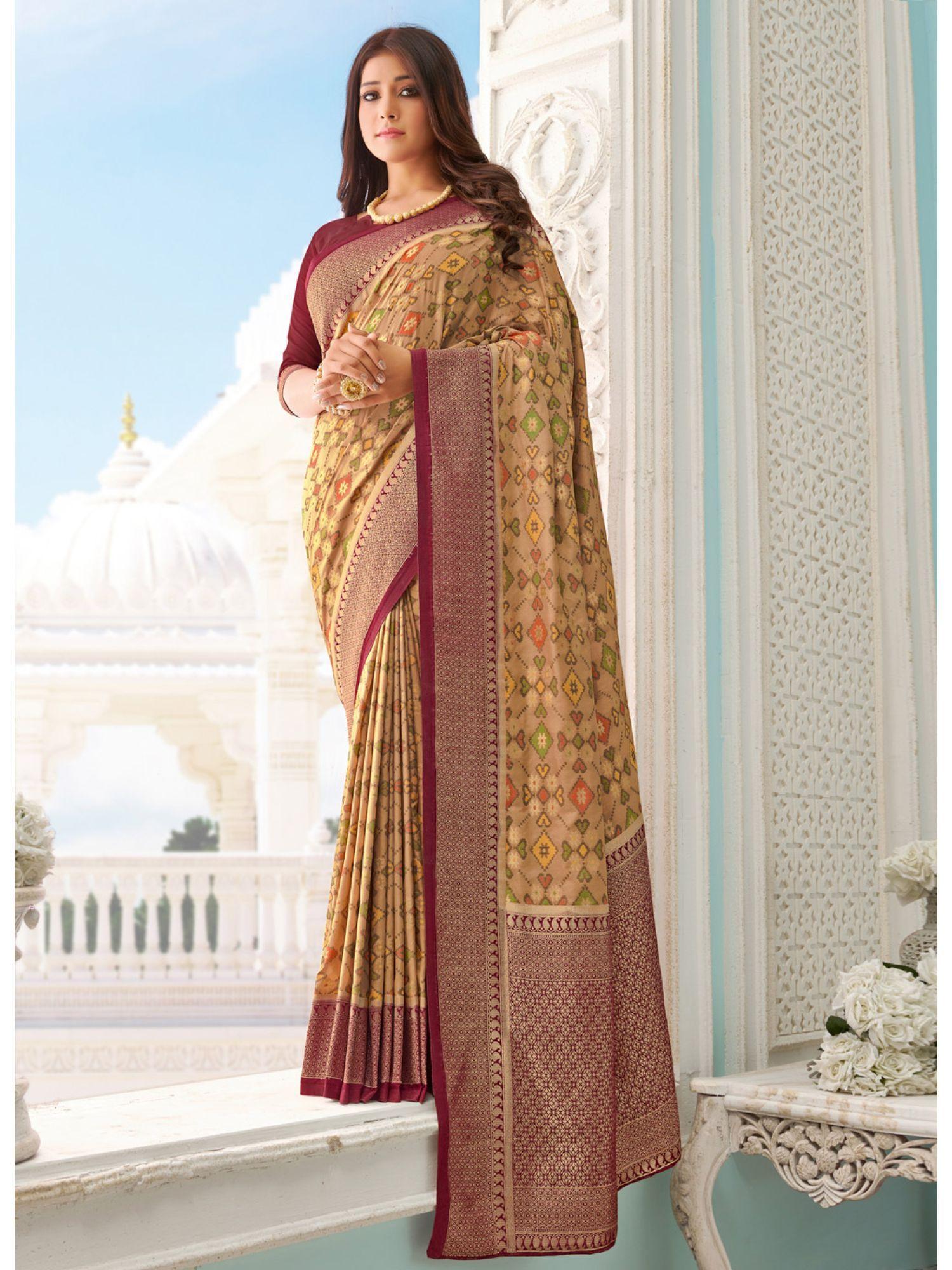 beige pure handloom silk woven work traditional saree with unstitched blouse