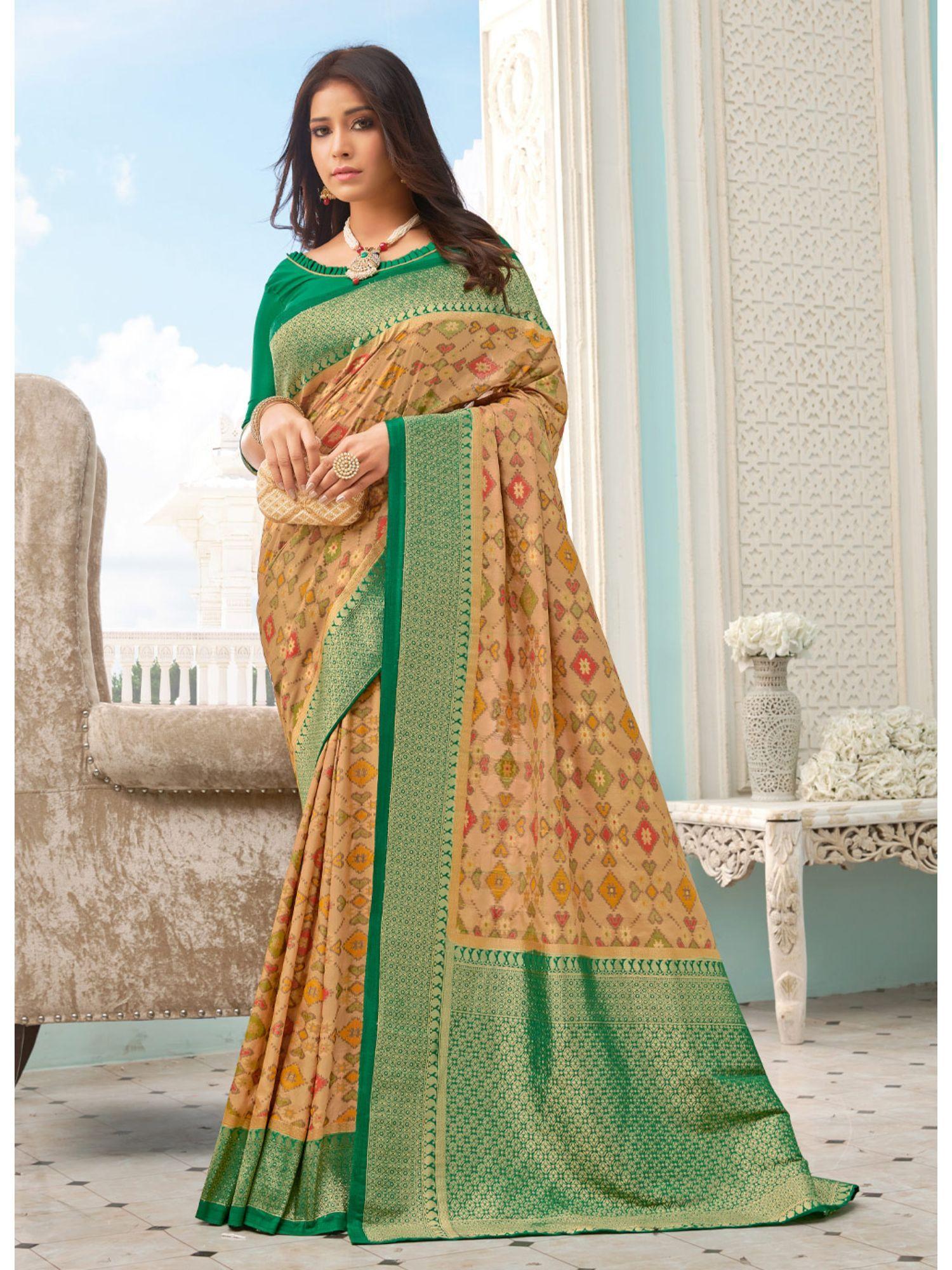 beige pure handloom silk woven work traditional saree with unstitched blouse