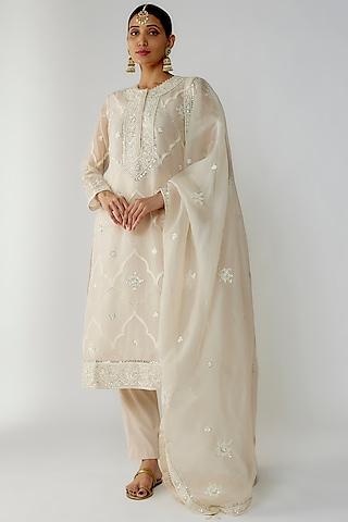 beige pure imported organza hand embellished kurta set