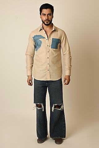 beige pure linen & denim threadwork shirt