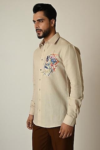 beige pure linen abstract embroidered shirt