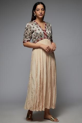 beige pure muslin silk gathered a-line dress