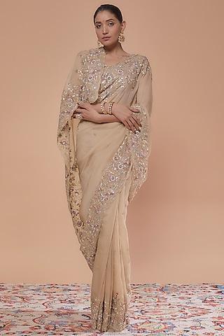 beige pure organza hand embroidered saree set
