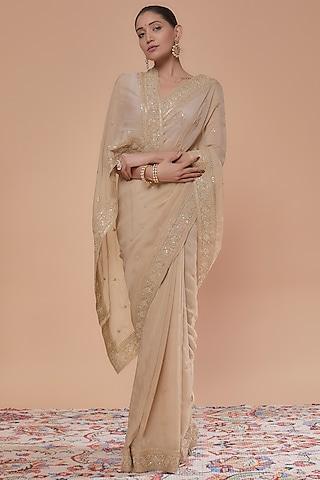 beige pure organza hand embroidered saree set