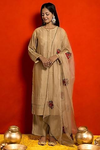 beige pure silk chanderi handcrafted pintuck kurta set