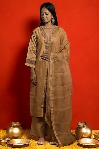 beige pure silk chanderi resham thread embroidered kurta set