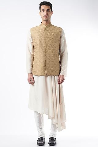 beige raw silk embroidered bundi jacket