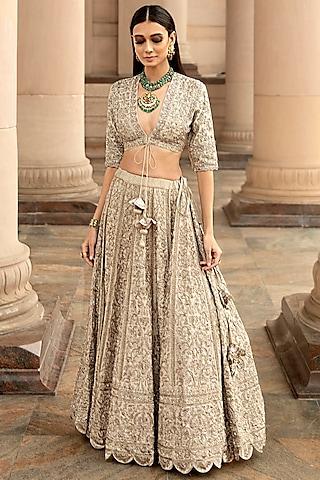 beige raw silk embroidered lehenga set