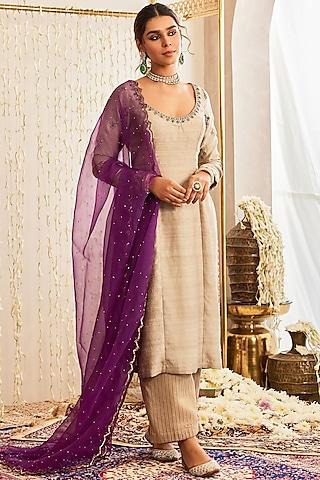 beige raw silk moti & crystal hand embellished kurta set