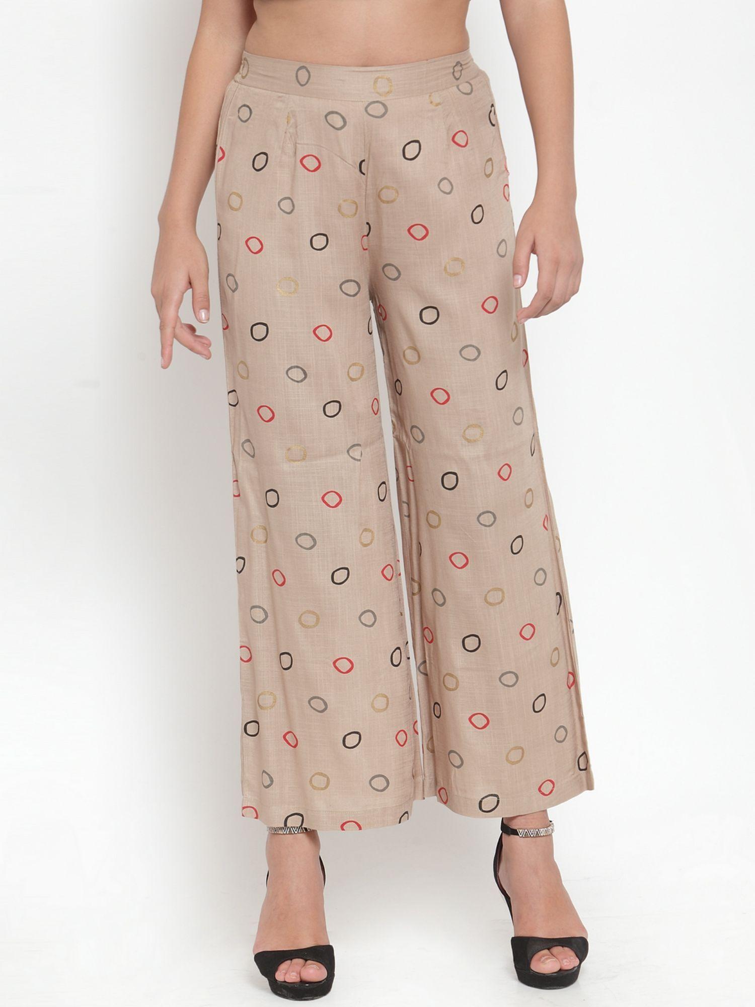 beige rayon slub circlre print a-line palazzos