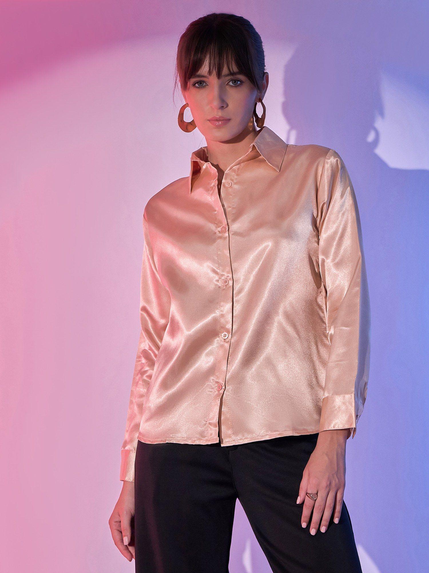 beige regular fit women's lustrous full sleeve satin shirts