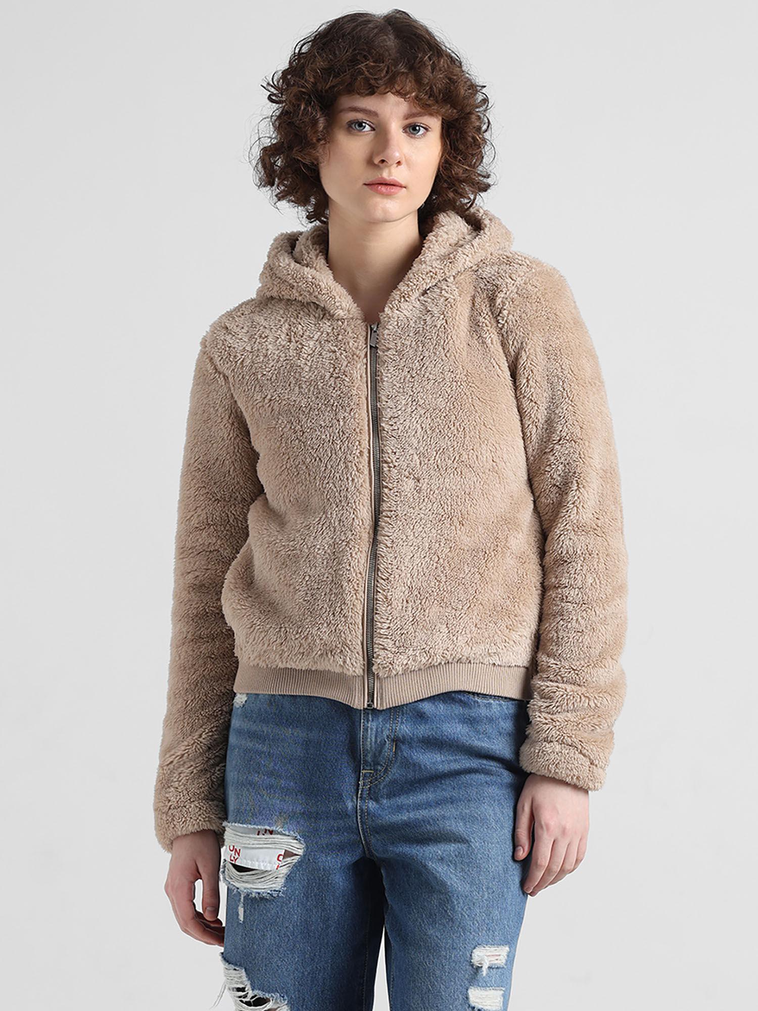 beige relaxed fit zip-up sherpa jacket