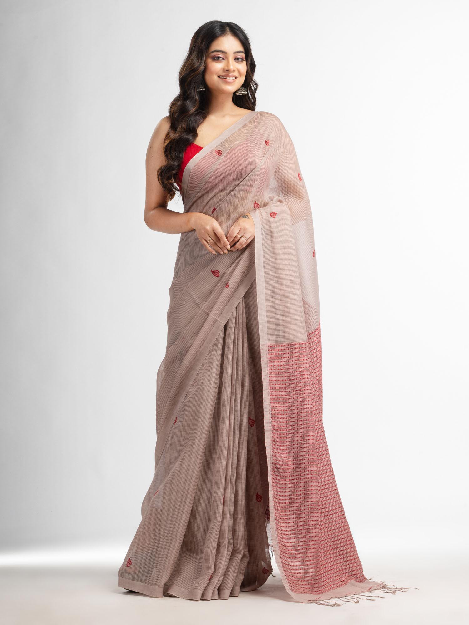 beige resham cotton kota check buti jacquard pallu saree with unstitched blouse