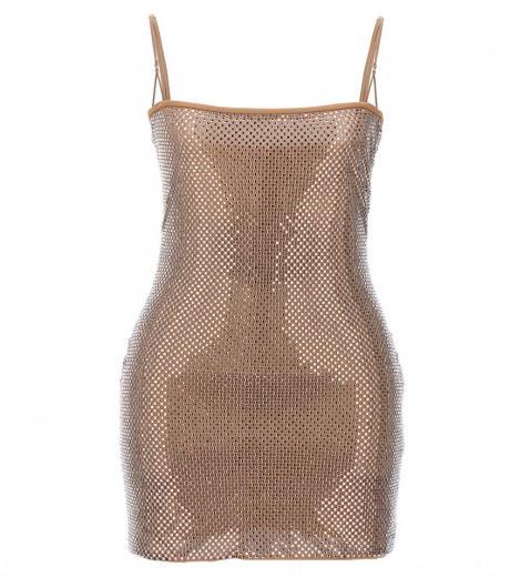 beige rhinestone embellished mini dress