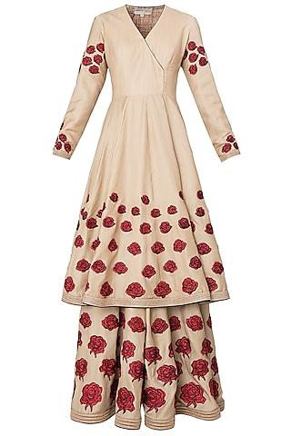 beige rose patchwork embroidered short anarkali set