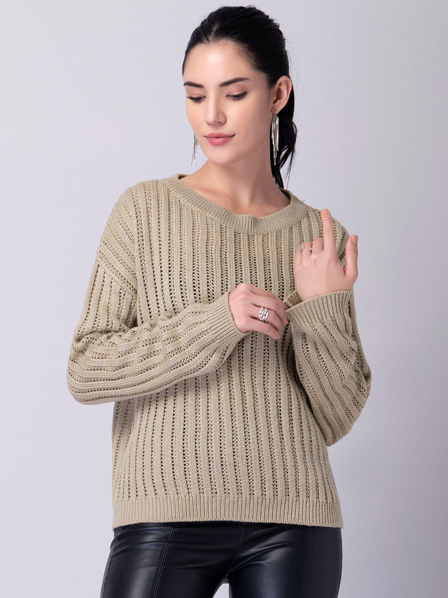 beige round neck lurex sweater