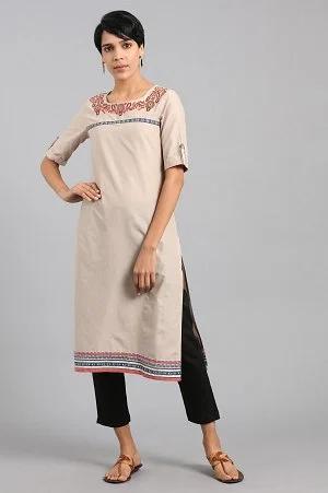 beige round neck printed kurta