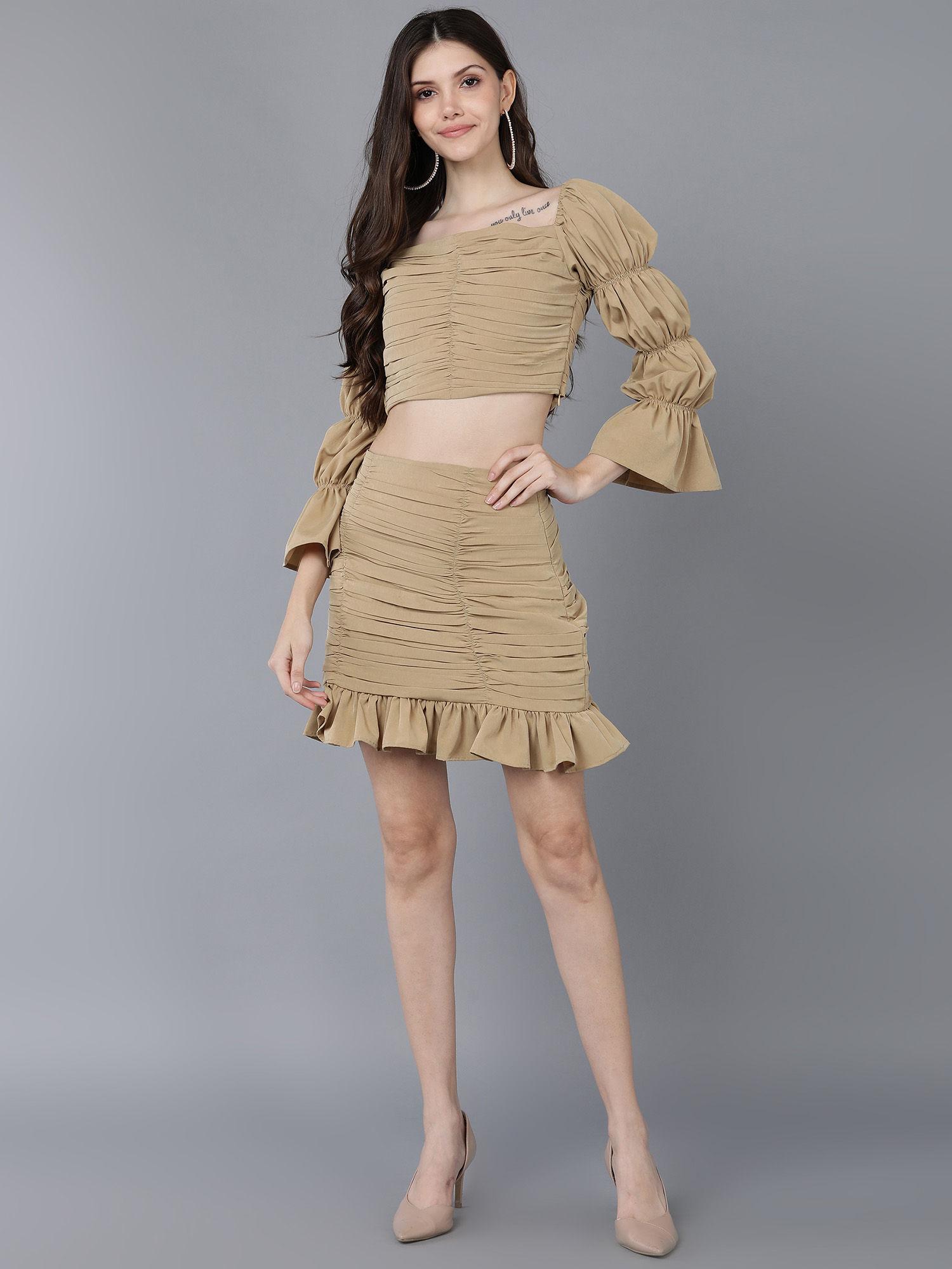 beige ruched top & skirt co-ord (set of 2)