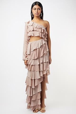 beige ruffled one-shoulder dress